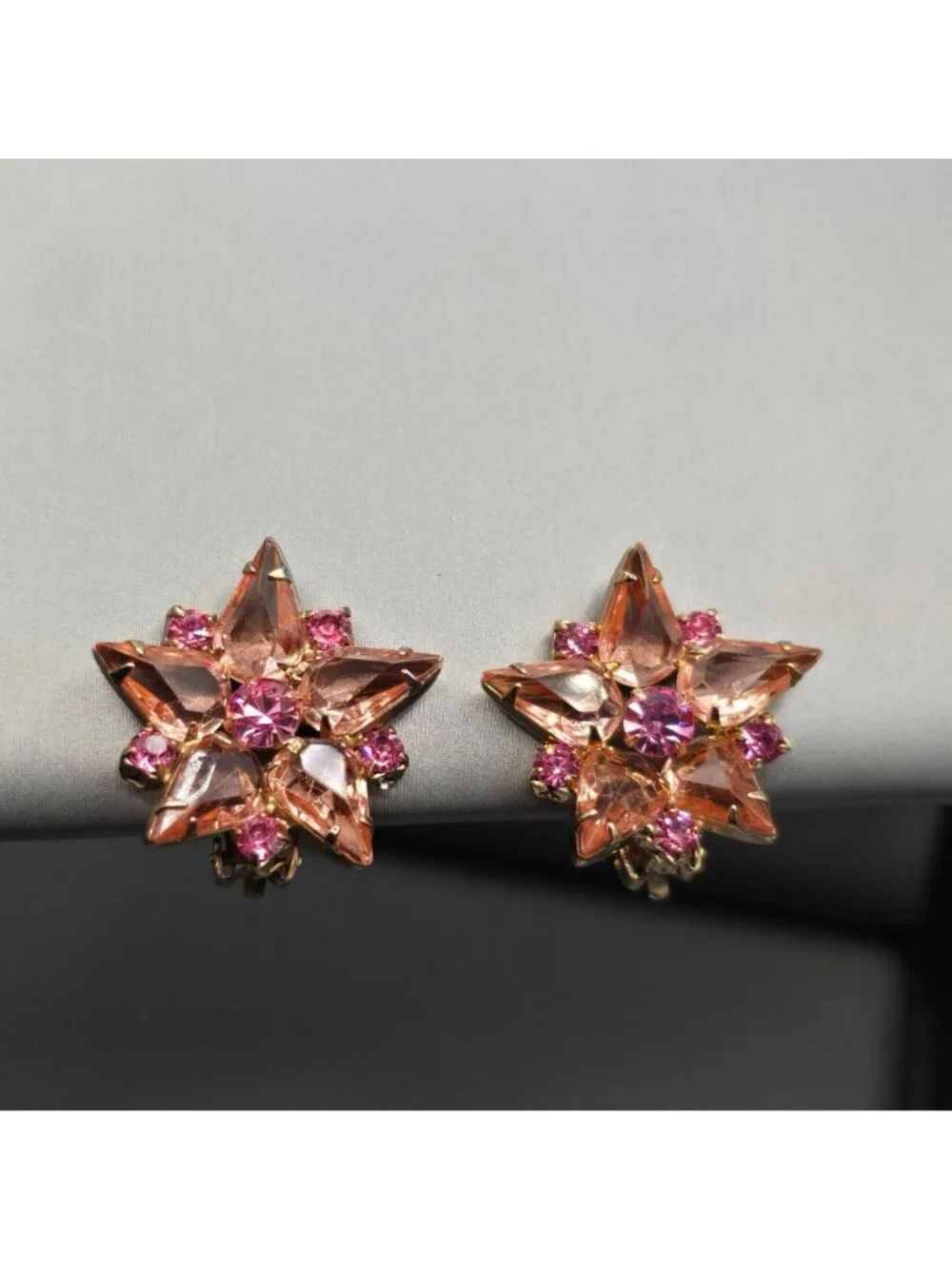 Vintage Pink Rhinestone Starburst Clip On Earrings Peach Mid Century Modern